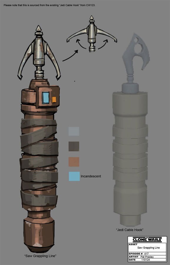 Saw's grappling line prop illustration by Pat Presley, based on the original Jedi cable hook. 