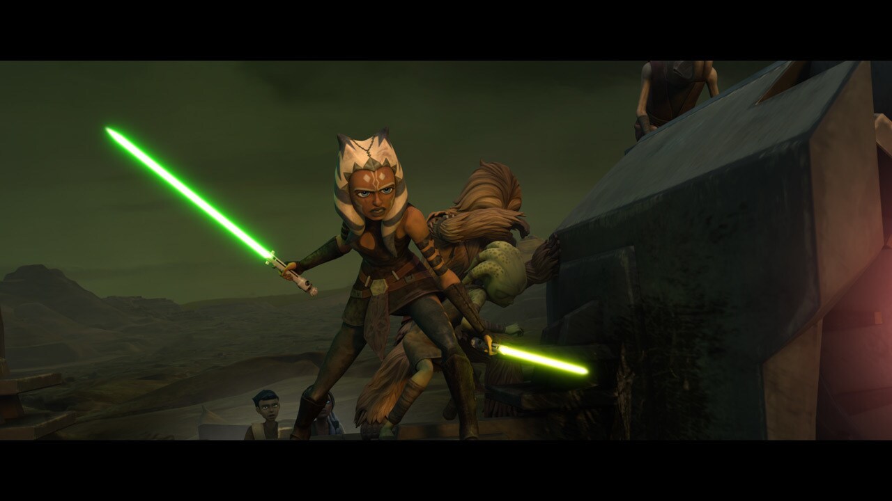 As the Crucible arrives, Ahsoka places a carnival mask atop the speeder tank's steering to guide ...