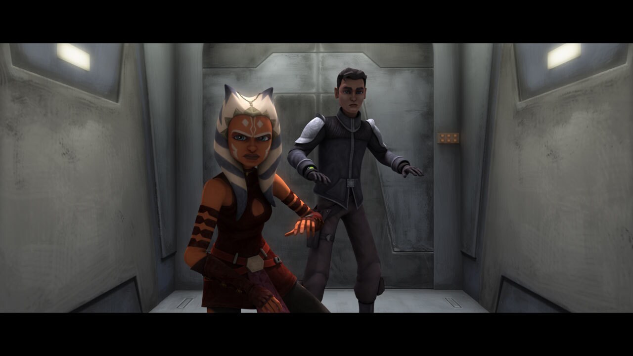 Before the security droids can execute Lux, Ahsoka suddenly storms the hold. She is unarmed, as p...