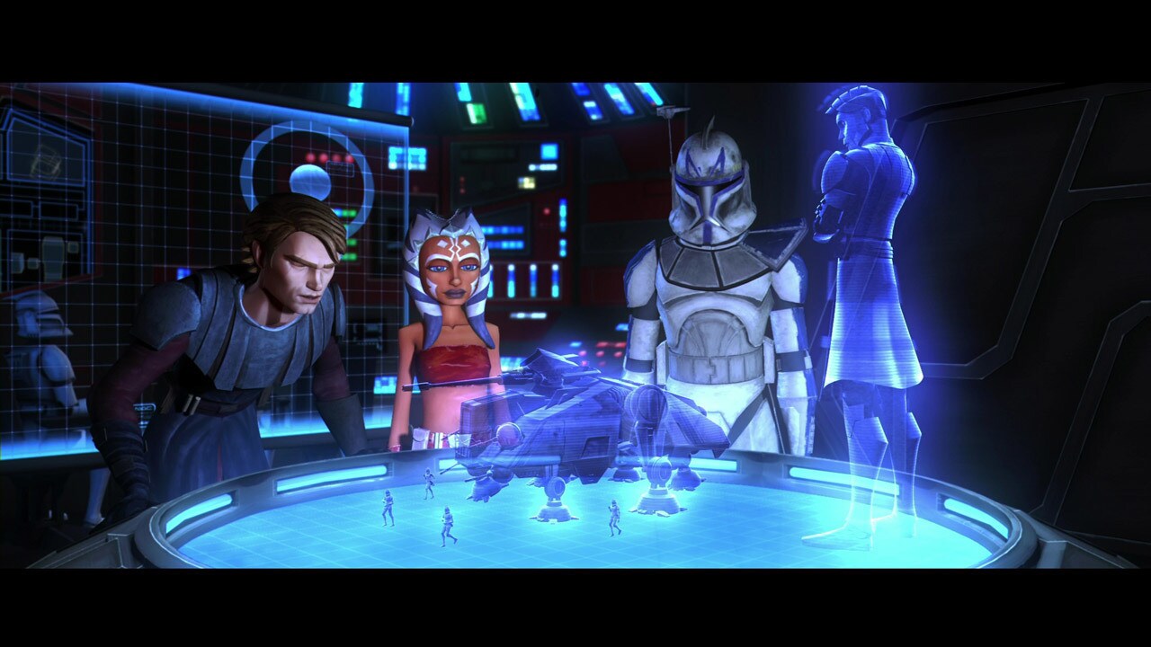 Via hologram, Obi-Wan Kenobi warns Anakin and Ahsoka that they are outnumbered by the approaching...