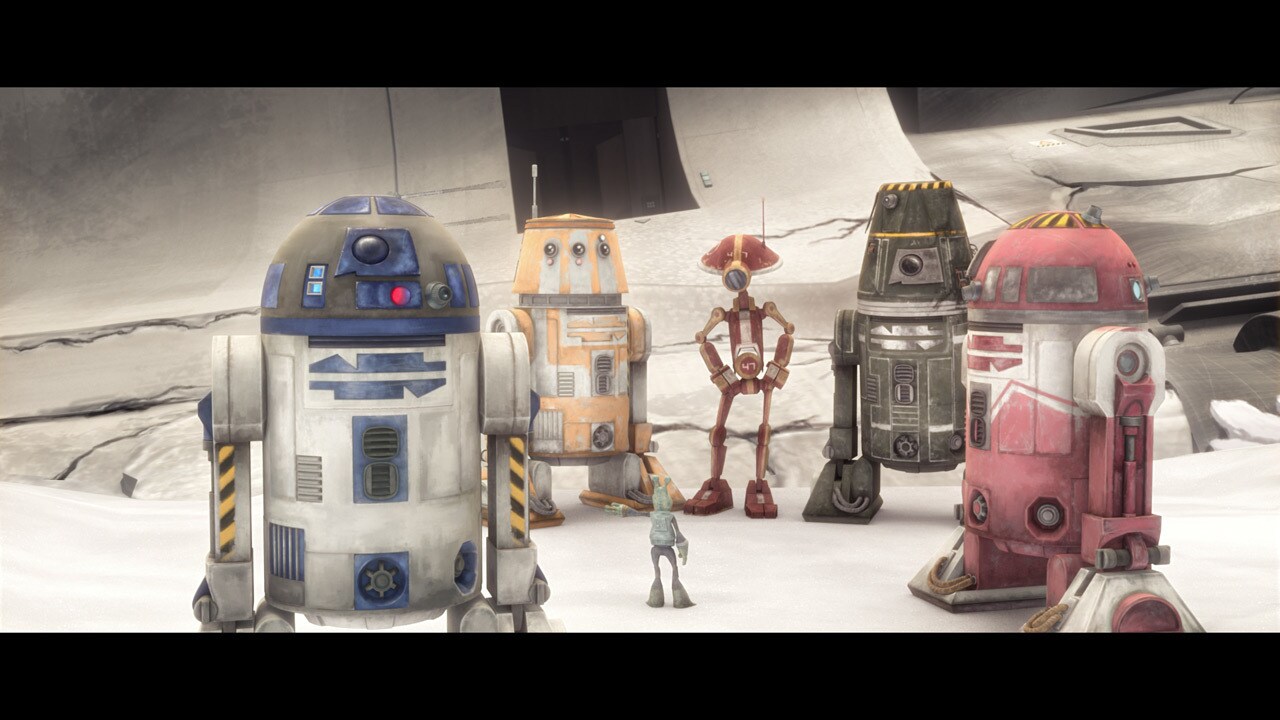 The droids and Colonel Gascon collect themselves after the crash. Artoo picks up the fallen encry...