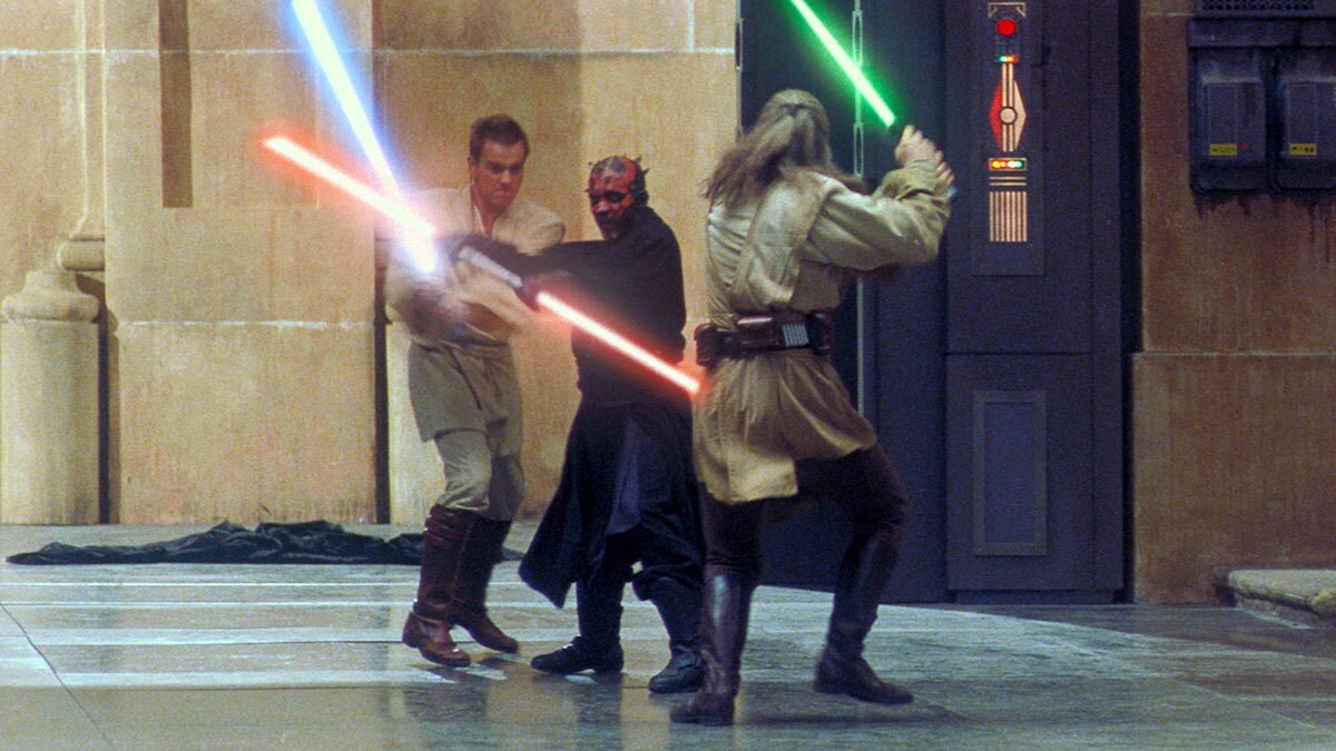 Darth Maul duels Qui-Gon and Obi-Wan Kenobi