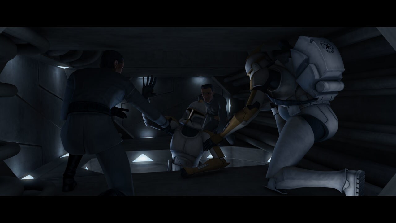 Meanwhile, Obi-Wan Kenobi, Even Piell and their clone troopers skulk through the access corridors...