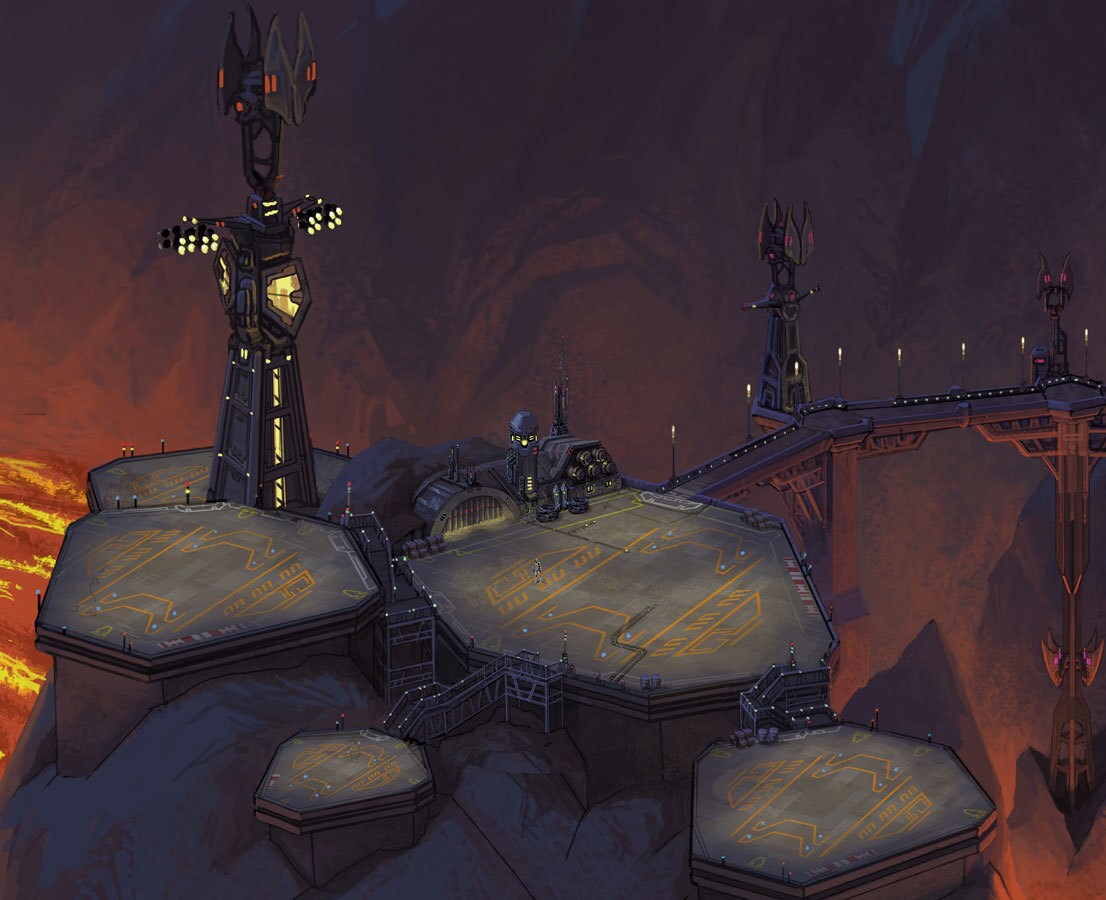 Black Sun fortress landing pad environment illustration by Wayne Lo.