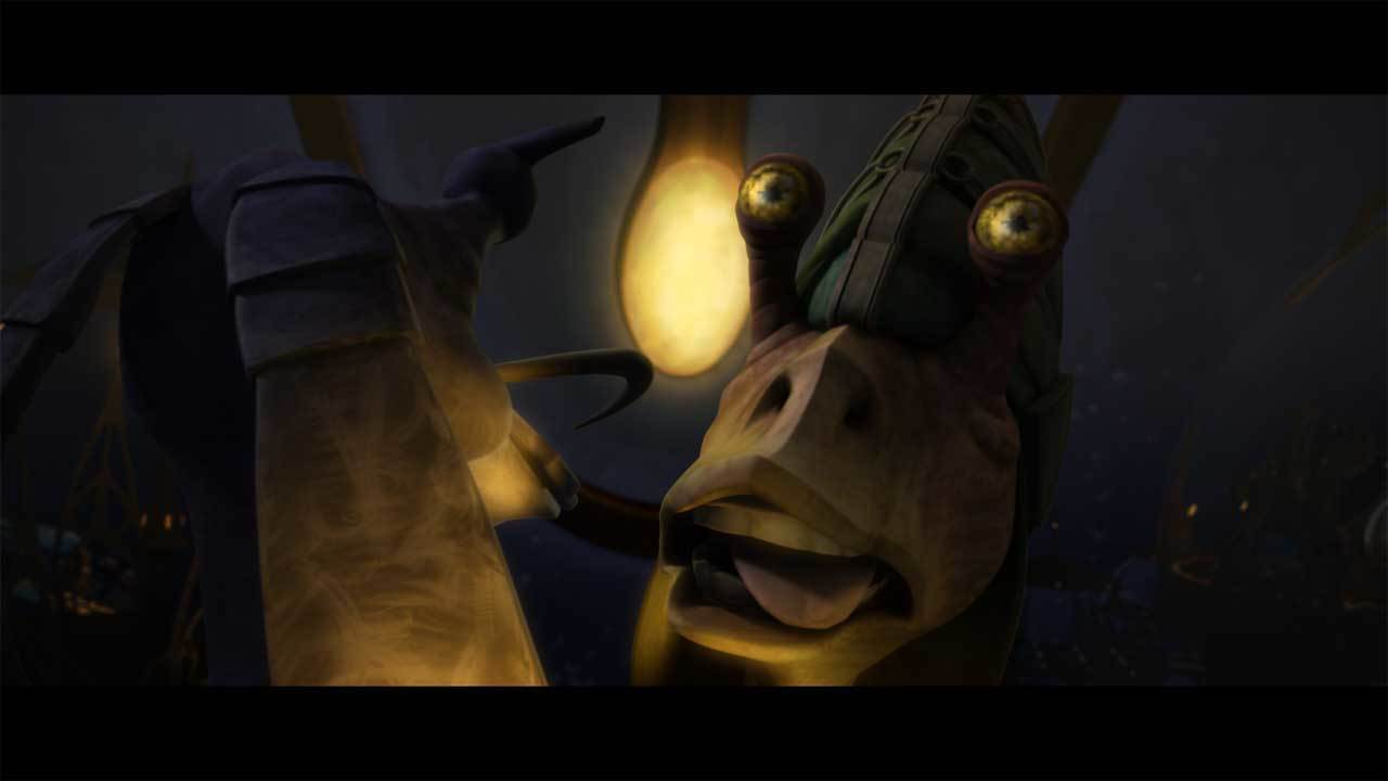 Loo pulls out a knife and stabs the Gungan boss. With the commando droids distracting Padmé and A...