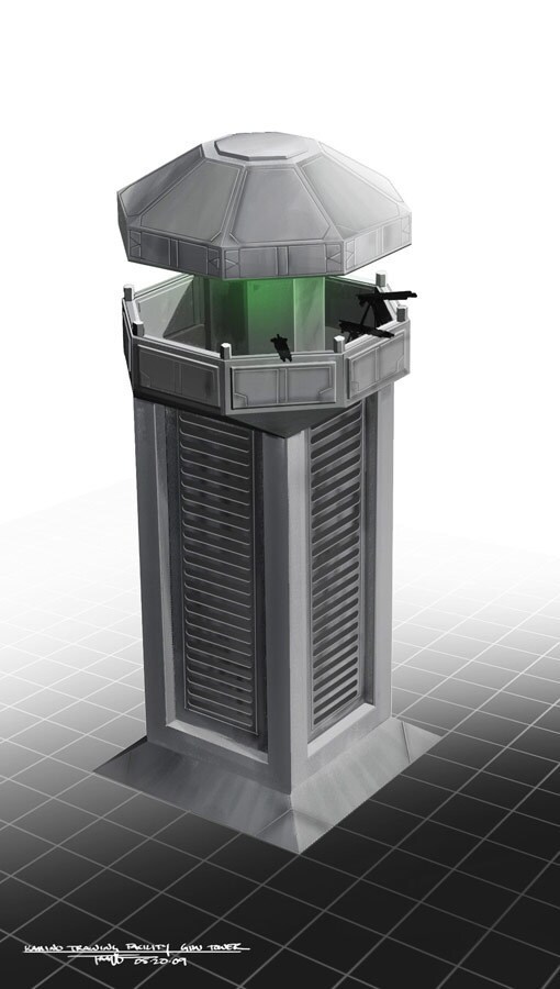 Concept art of the gun tower in the clone cadet training facility 