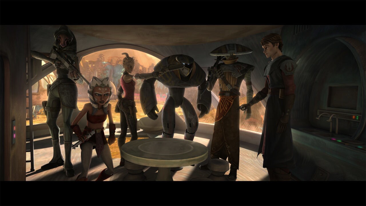 The Jedi are soon surrounded by heavily armed bounty hunters. The hunters are lead by a lithe Zab...