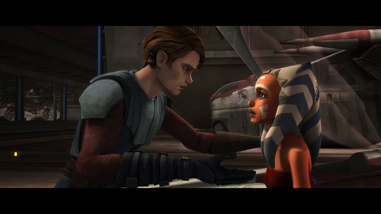Inside the Resolute's hangar, Anakin reprimands Ahsoka for her failure at following orders. She s...