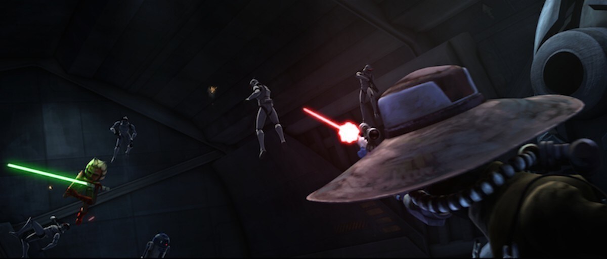 Cad Bane firing his blaster at Ahsoka Tano