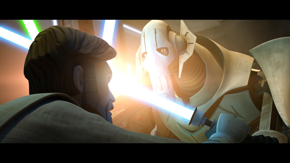 A determined, vicious General Grievous is there waiting and engages Kenobi in lightsaber combat, ...