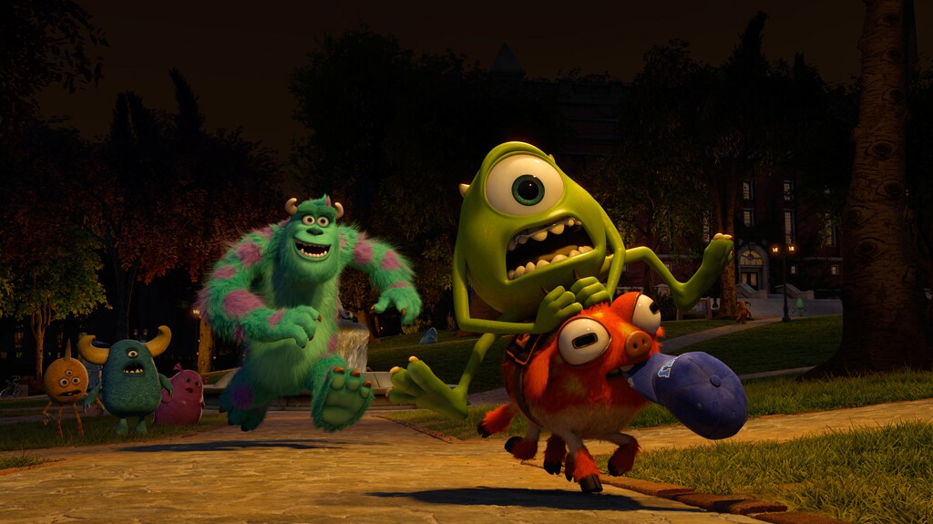 Mike goes on a crazy ride as Sulley gives chase from close behind. Form the movie "Monsters University"