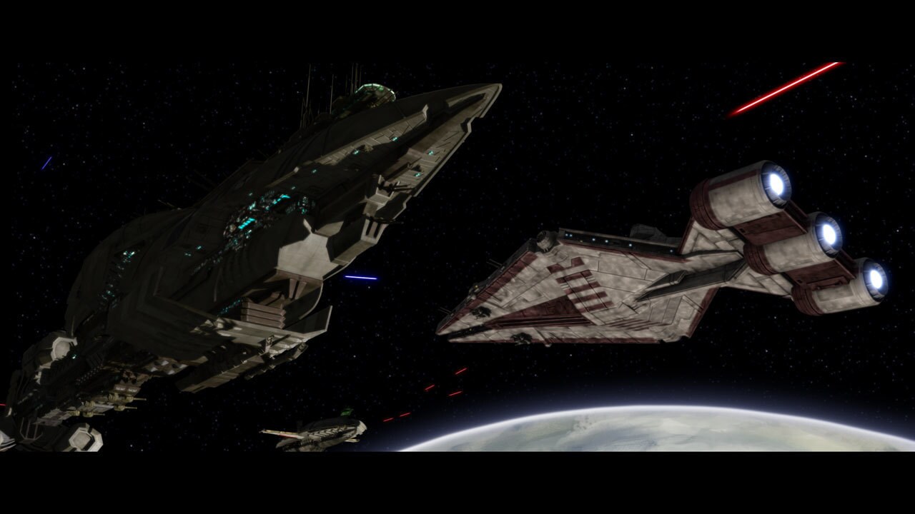 The smaller Republic escort vessels move forward to draw out the Separatist warships. Tactical dr...