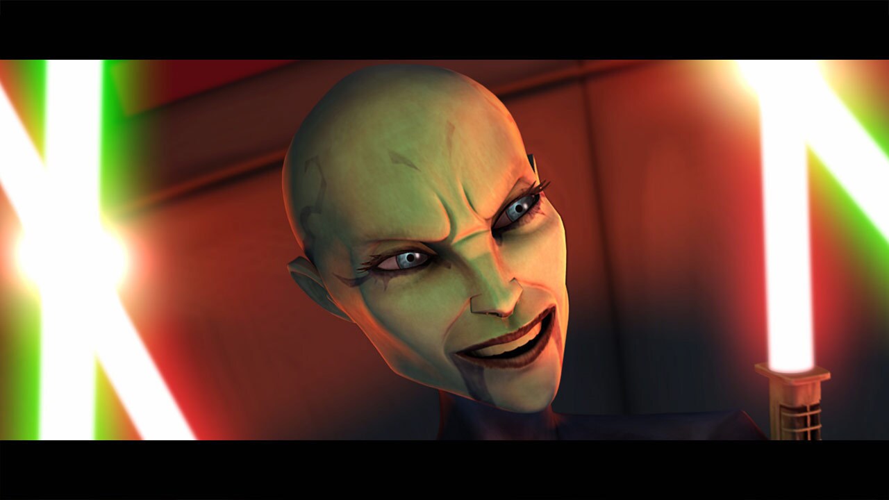 Using the Force, Luminara opens Ahsoka's cell. Ventress now has to deal with two combatants. Vent...