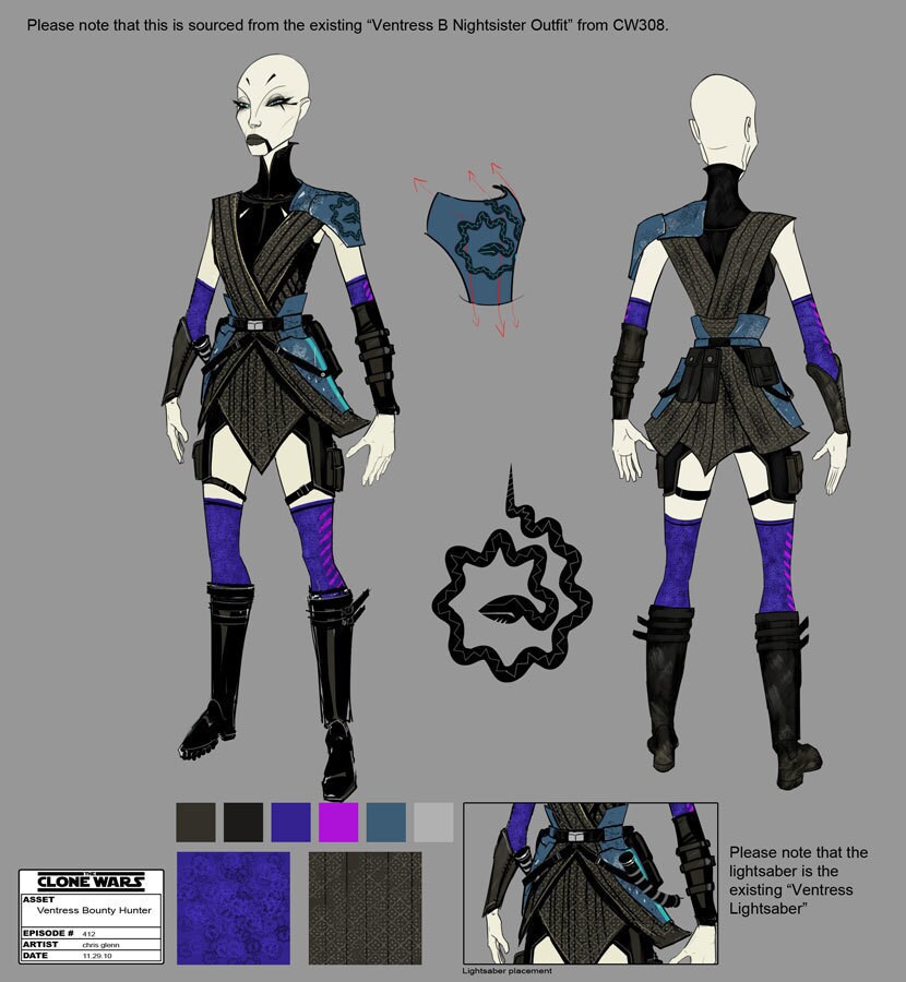 Asajj Ventress's bounty hunting look is accented with leggings with a pattern that somewhat resem...