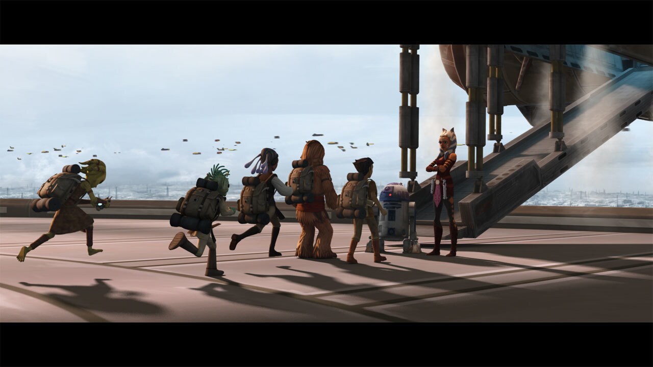 On Coruscant, six younglings of different ages -- a human boy, a male Wookiee, a female Rodian, a...