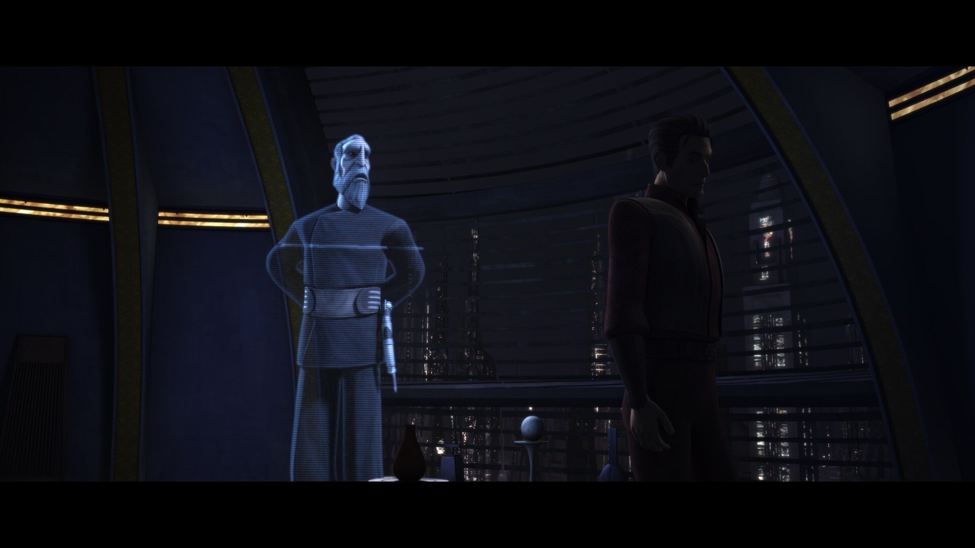 Originally, the scene of the medical droid producing a holographic message of Dooku to Clovis was...