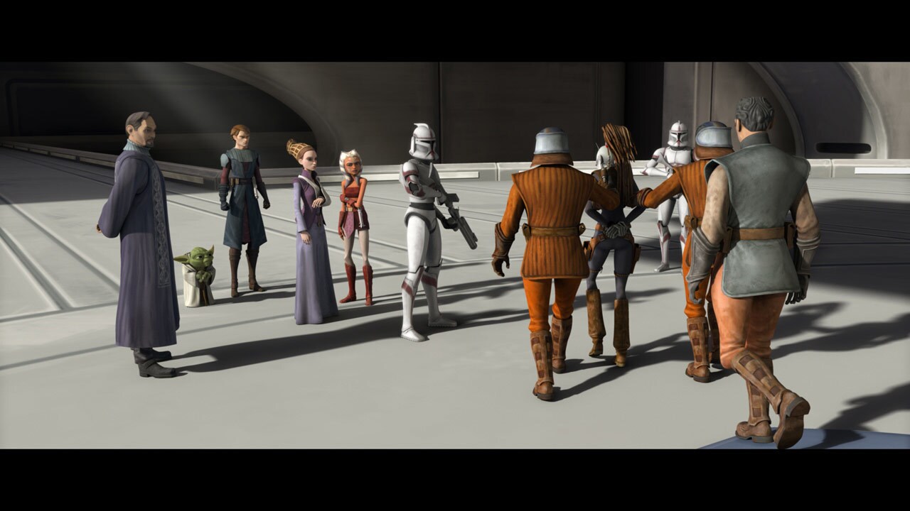 Ahsoka, Senator Amidala, Senator Bail Organa, Captain Typho and the rest of the entourage return ...