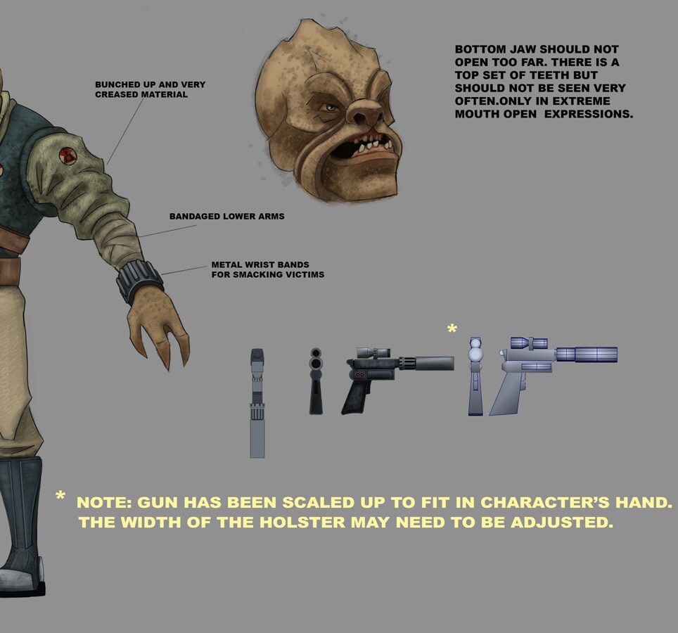 Concept art details of Castas' face and weapons
