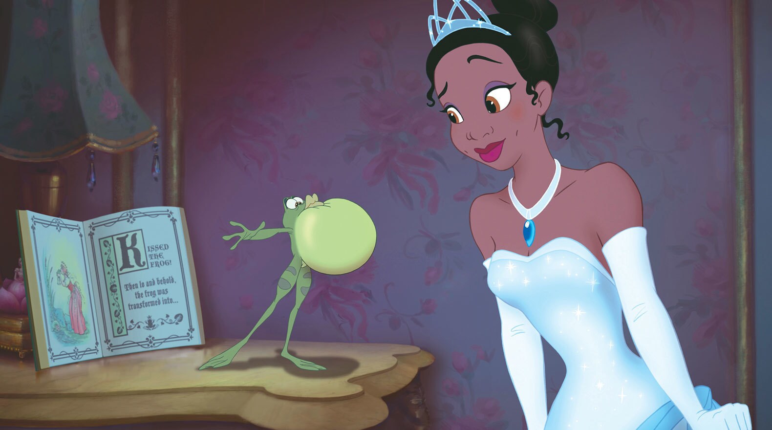 Naveen as a frog and Tiana in The Princess and the Frog