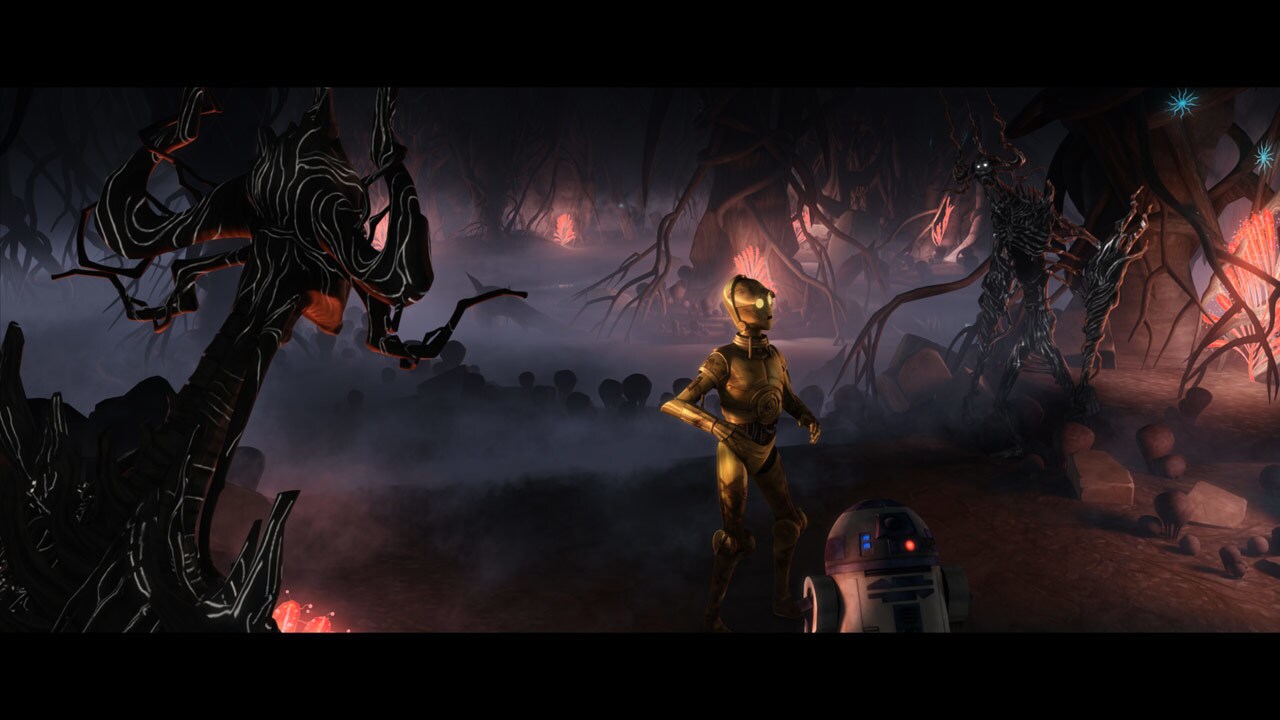 In the bioluminescent interior of the planet, Threepio and Artoo are suddenly surrounded as the t...