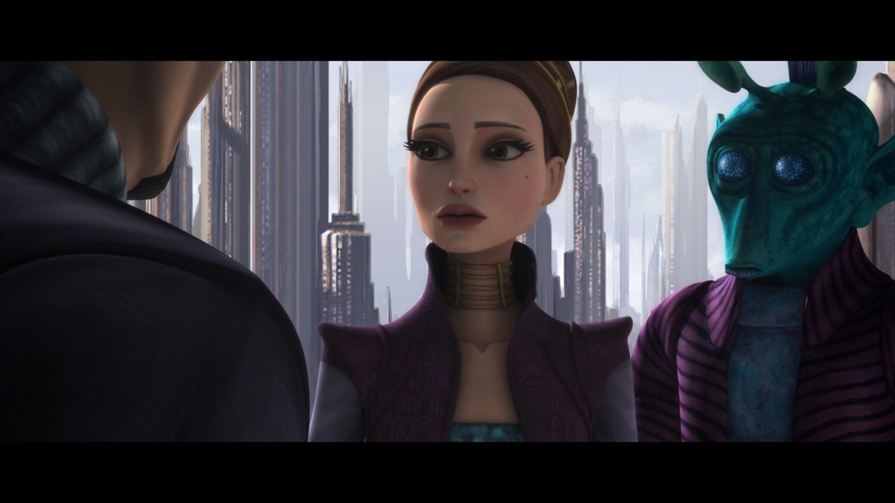 In a hallway outside the Senate chamber, Padmé is shocked that the Republic would target Bonteri....