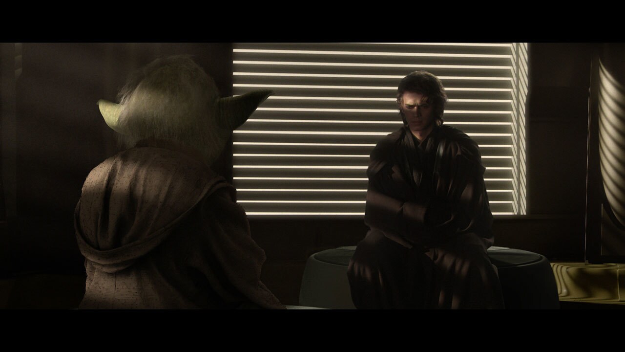 The next day, Anakin seeks counsel from Jedi Master Yoda. Skywalker is careful not to reveal that...