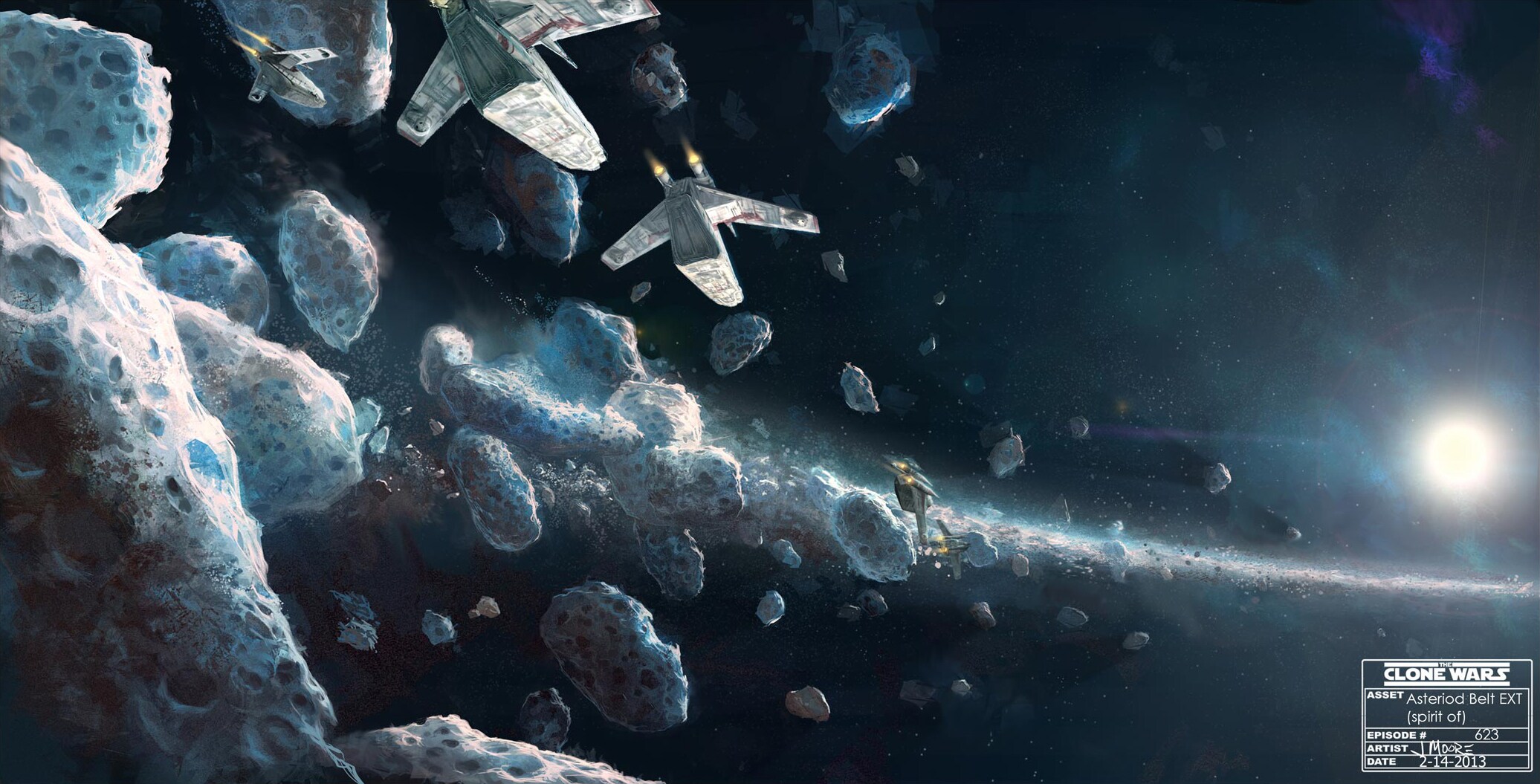 Concept art of Republic Gunships traversing an asteroid belt by Jim Moore, February 14, 2013.