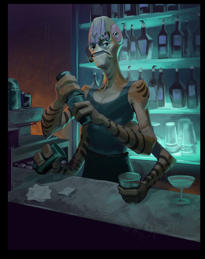 Concept art of multi-armed bartender, Tiggs Leo