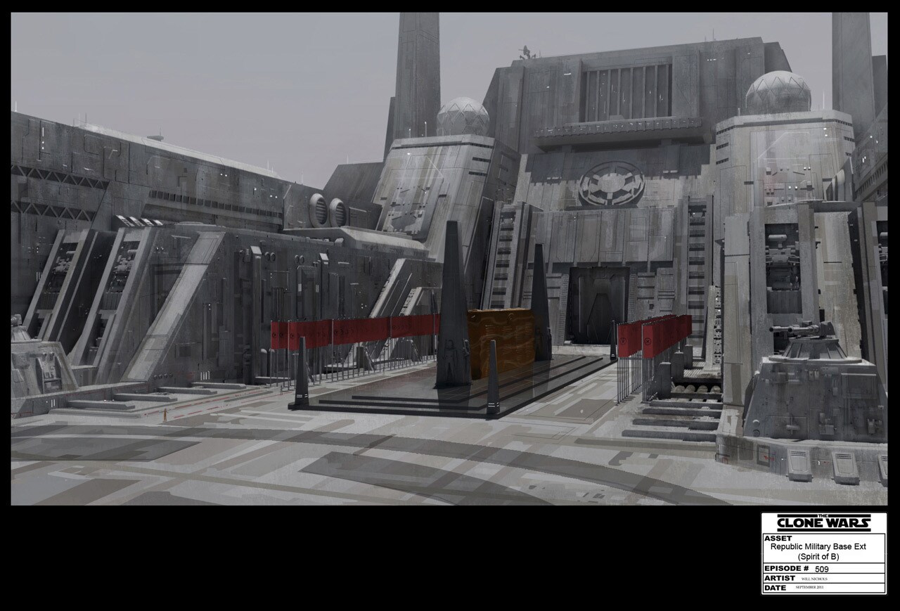 Republic military base exterior location illustration by Will Nichols. 