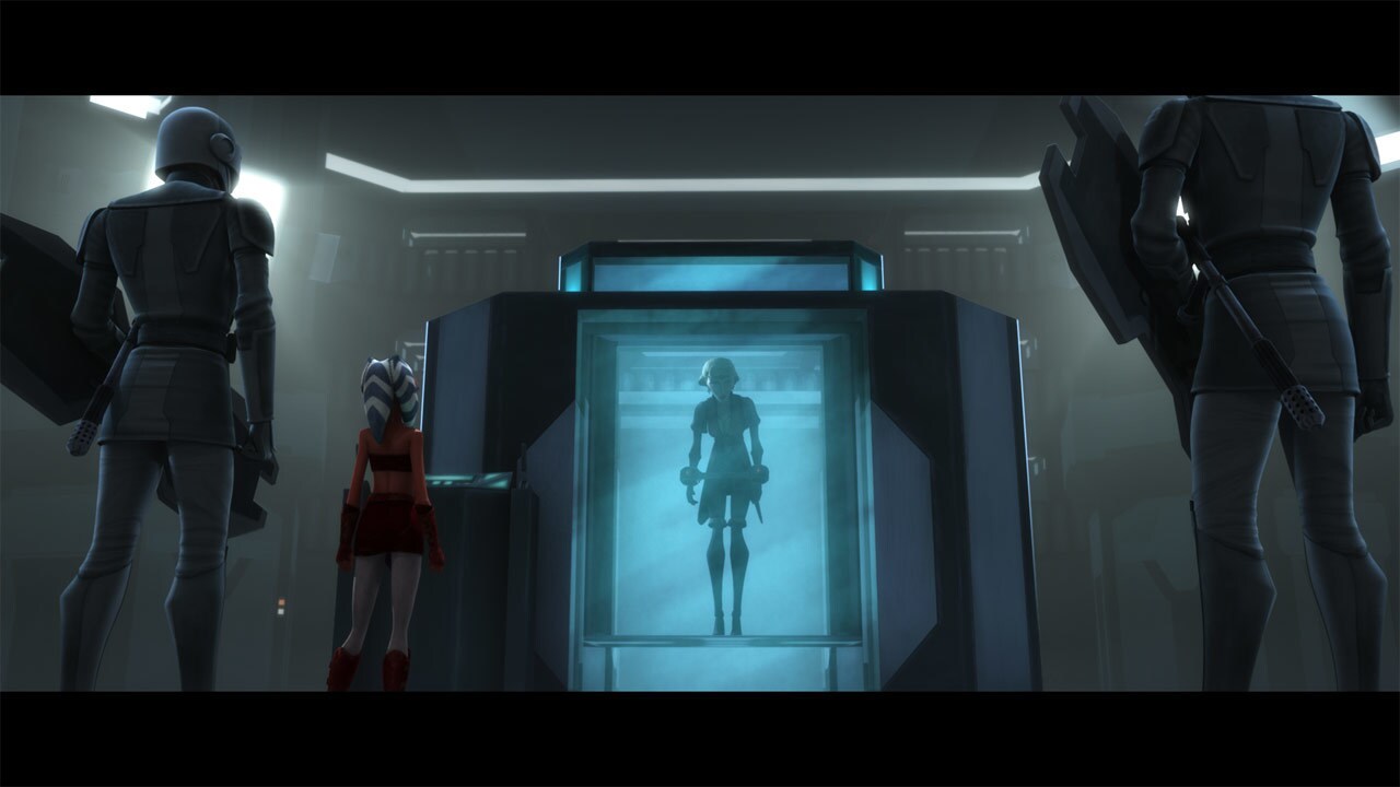 Ahsoka finds the imprisoned cadets and pretends to interrogate them. She tells them that she has ...