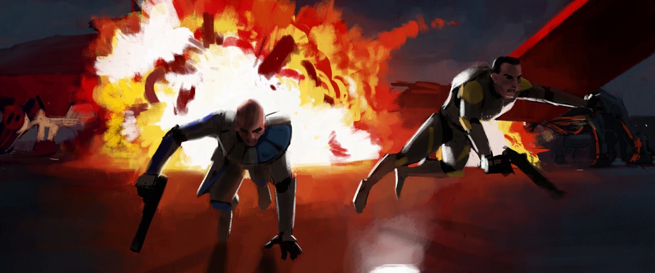 Concept art of Cody and Rex being thrown from an exploding gunship