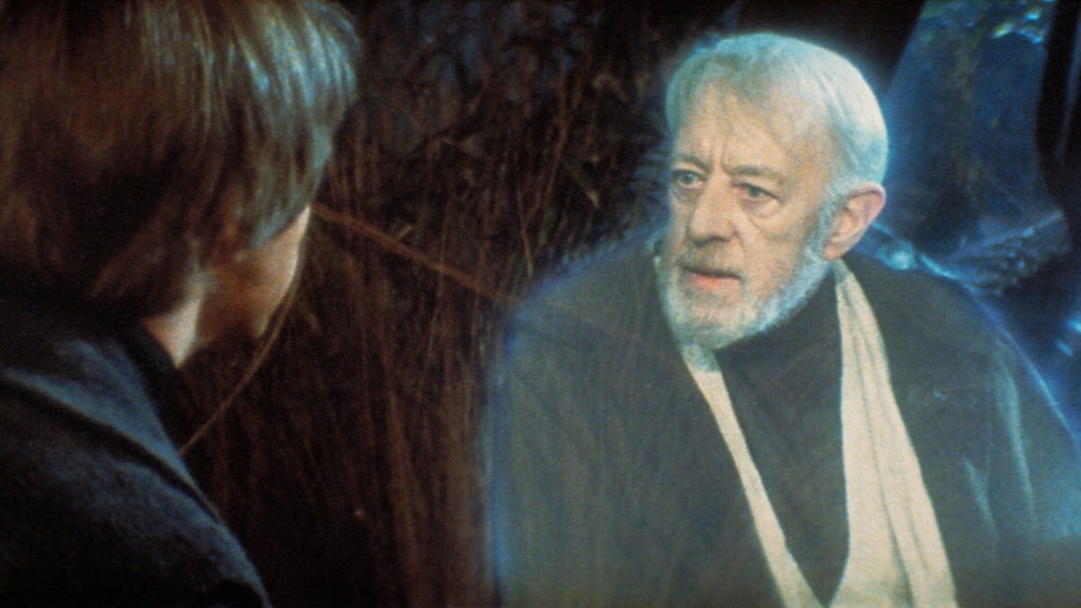 Obi-Wan Kenobi appearing to Luke Skywalker as a Force ghost on Dagobah