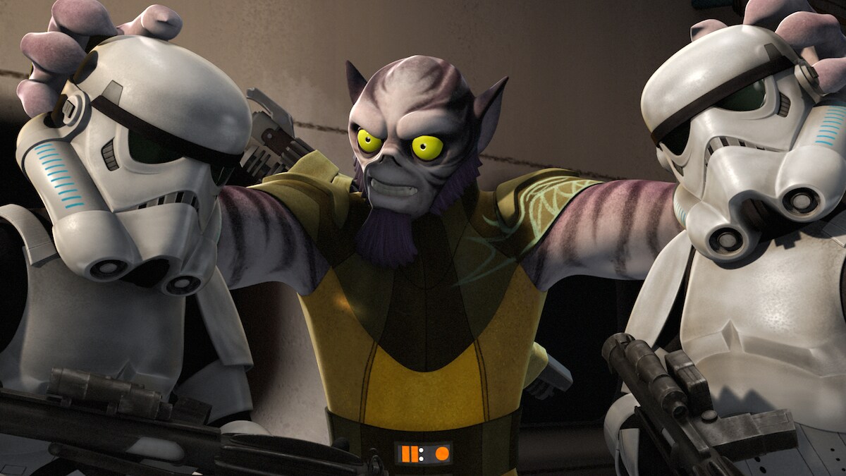 Zeb Orrelios fighting two Stormtroopers