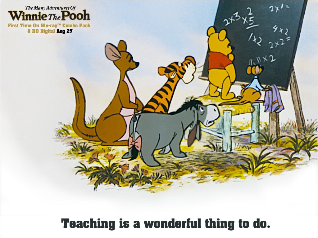 Pooh (voiced by Sterling Holloway), Roo (voiced by Clint Howard), Eeyore (voiced by Ralph Wright), Tigger (voiced by Paul Winchell), and Kanga (voiced by Barbara Leddy) solving math problems on a chalkboard in the movie The Many Adventures Of Winnie The Pooh