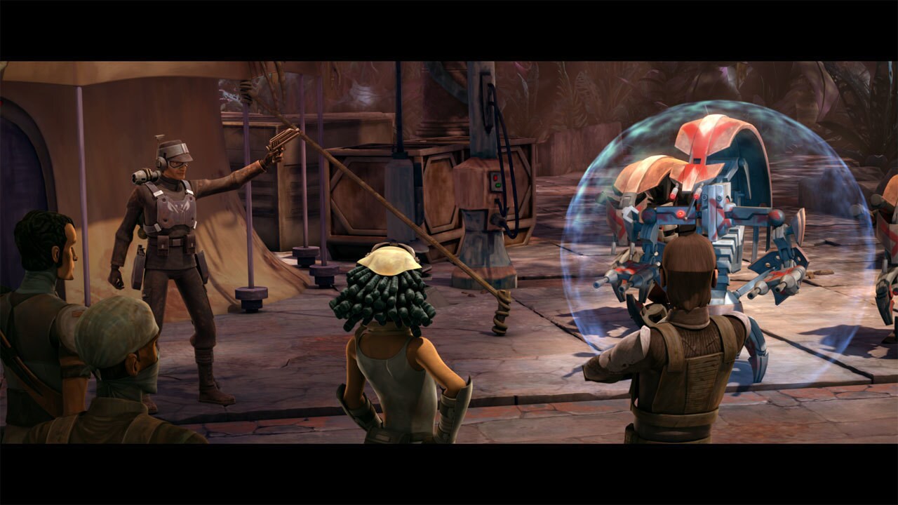 The next exercise focuses on disabling destroyer droids. Anakin preps a trio of target droids, an...