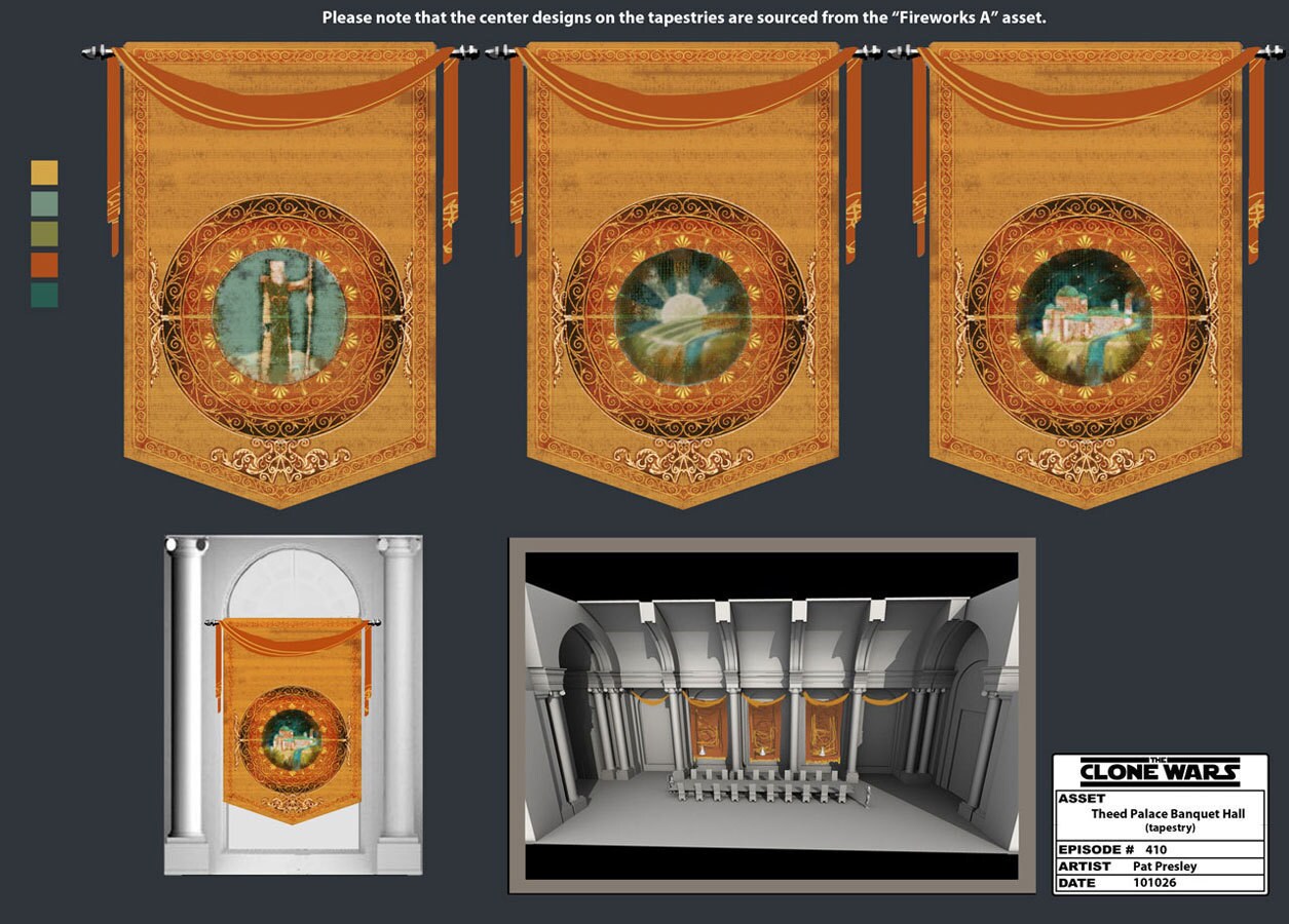 Naboo tapestry design illustrations by Pat Presley, using fireworks/hologram designs by Tara Rueping