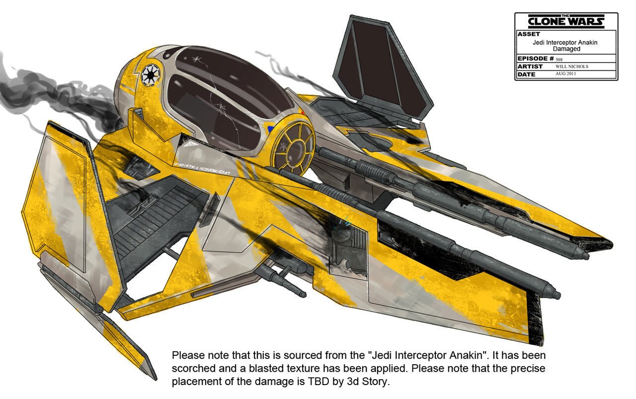 Anakin Skywalker's damaged Jedi interceptor illustration by Will Nichols. The stenciling on the s...
