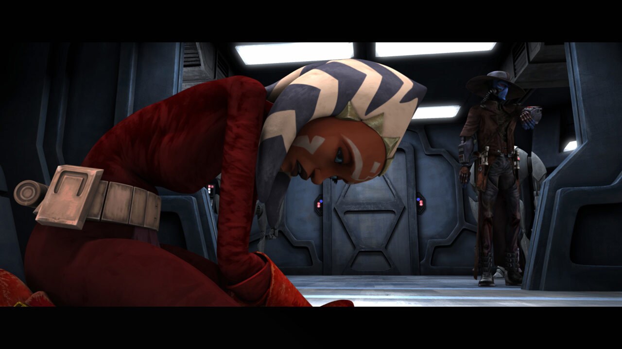 Anakin finds Ahsoka, shackled by Bane. Bane activates a pair of shield doors, trapping Ahsoka on ...