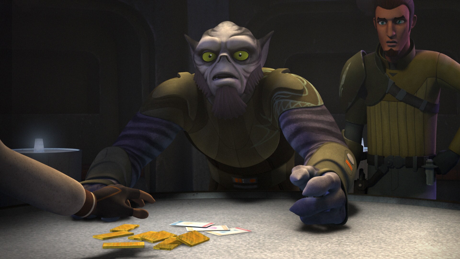 Zeb shows his cards, and begins to claim the pot. "Not so fast," the stranger says. "It appears I...