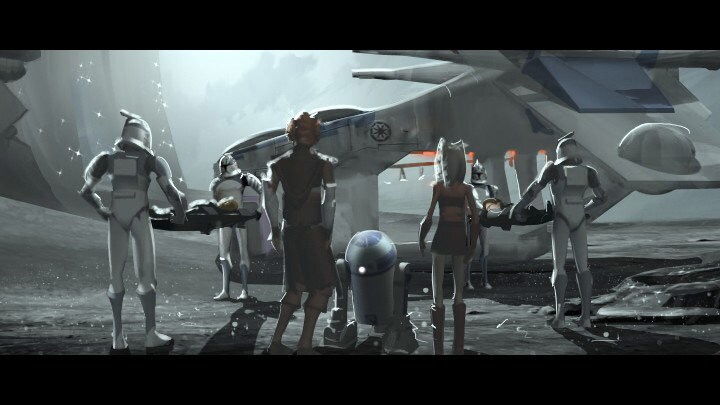 Concept art of Anakin and Mace being loaded onto a medivac gunship leaving Vanqor
