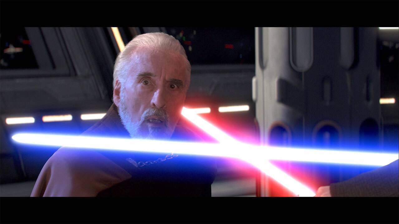 Anakin and Obi-Wan face Dooku in tandem. He is a skilled duelist. Dooku uses the Force to batter ...