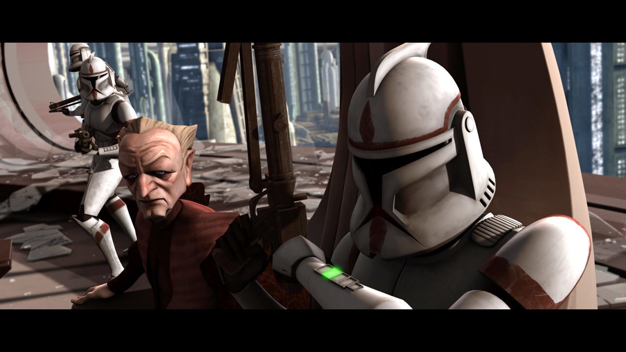Clone troopers secured Palpatine in his office, but only quick action by Anakin saved the senator...