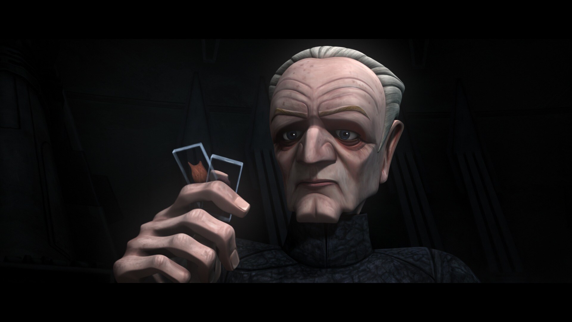Fives awakens before the Chancellor, who is most intrigued by his story of inhibitor chips. Shaak...