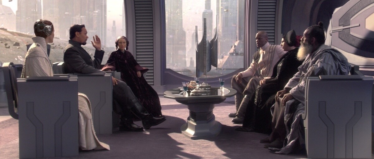 Senators Amidala, Organa, Mothma, and others gathering privately