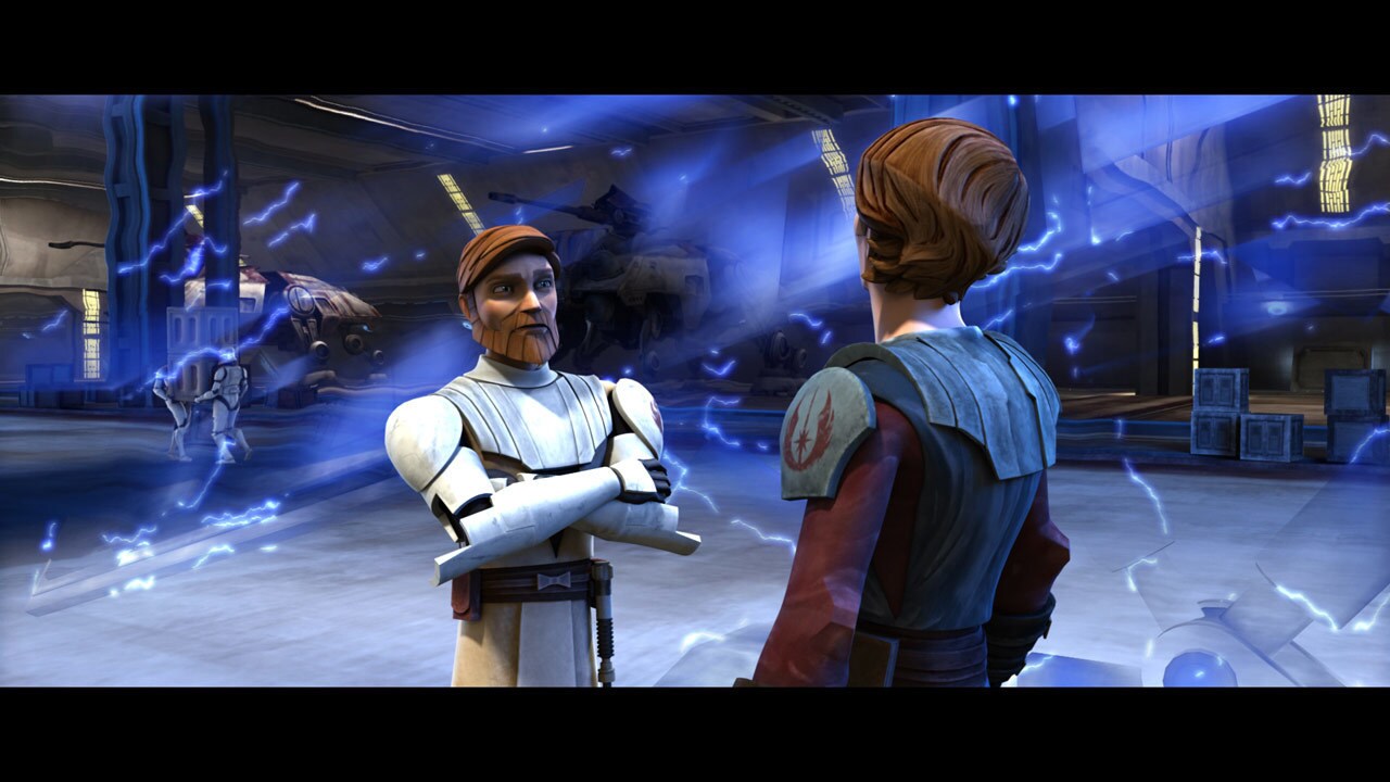 Anakin shuttles to the Obi-Wan's cruiser, where Kenobi shows off a new weapon in the Republic ars...