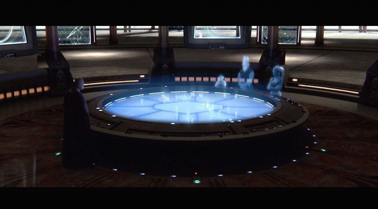In the Temple’s war room, the Jedi received word that Obi-Wan had cornered the Separatist warlord...
