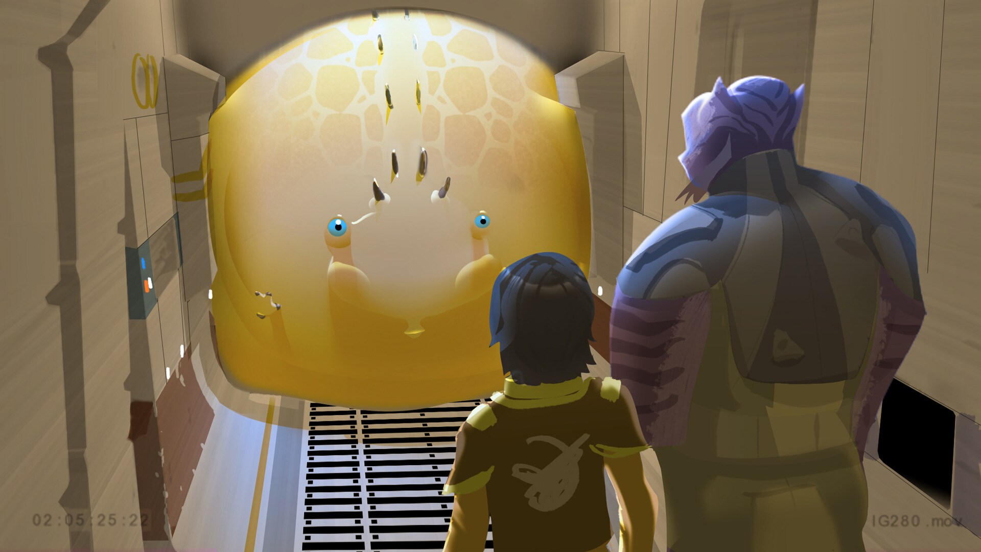 Digital concept painting of a fully-enlarged puffer pig, with Ezra and Zeb looking on.