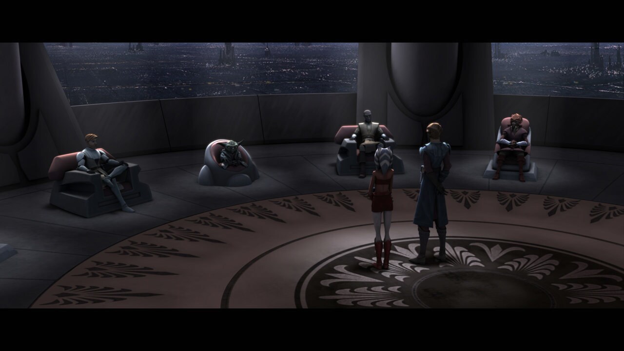 Later, within the Jedi Temple on Coruscant, Ahsoka is debriefed by the Jedi Council. Admitting sh...