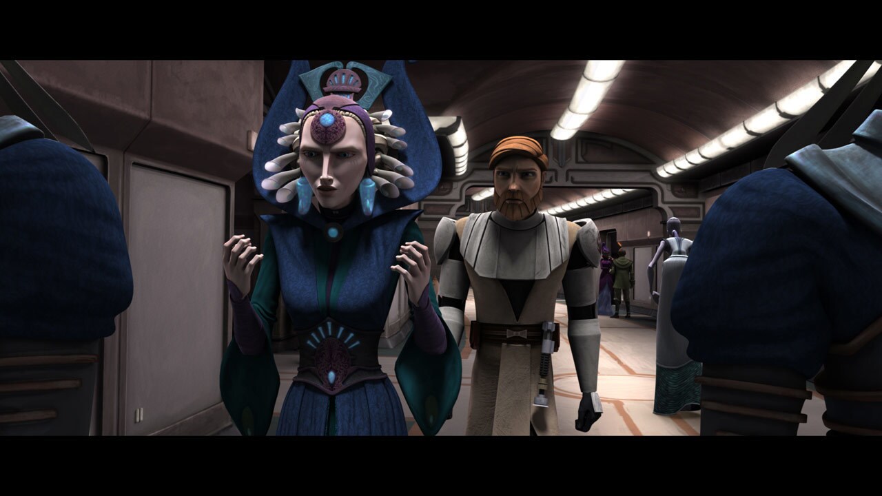Satine storms out of Palpatine's office and encounters Obi-Wan. He is concerned that Satine is no...