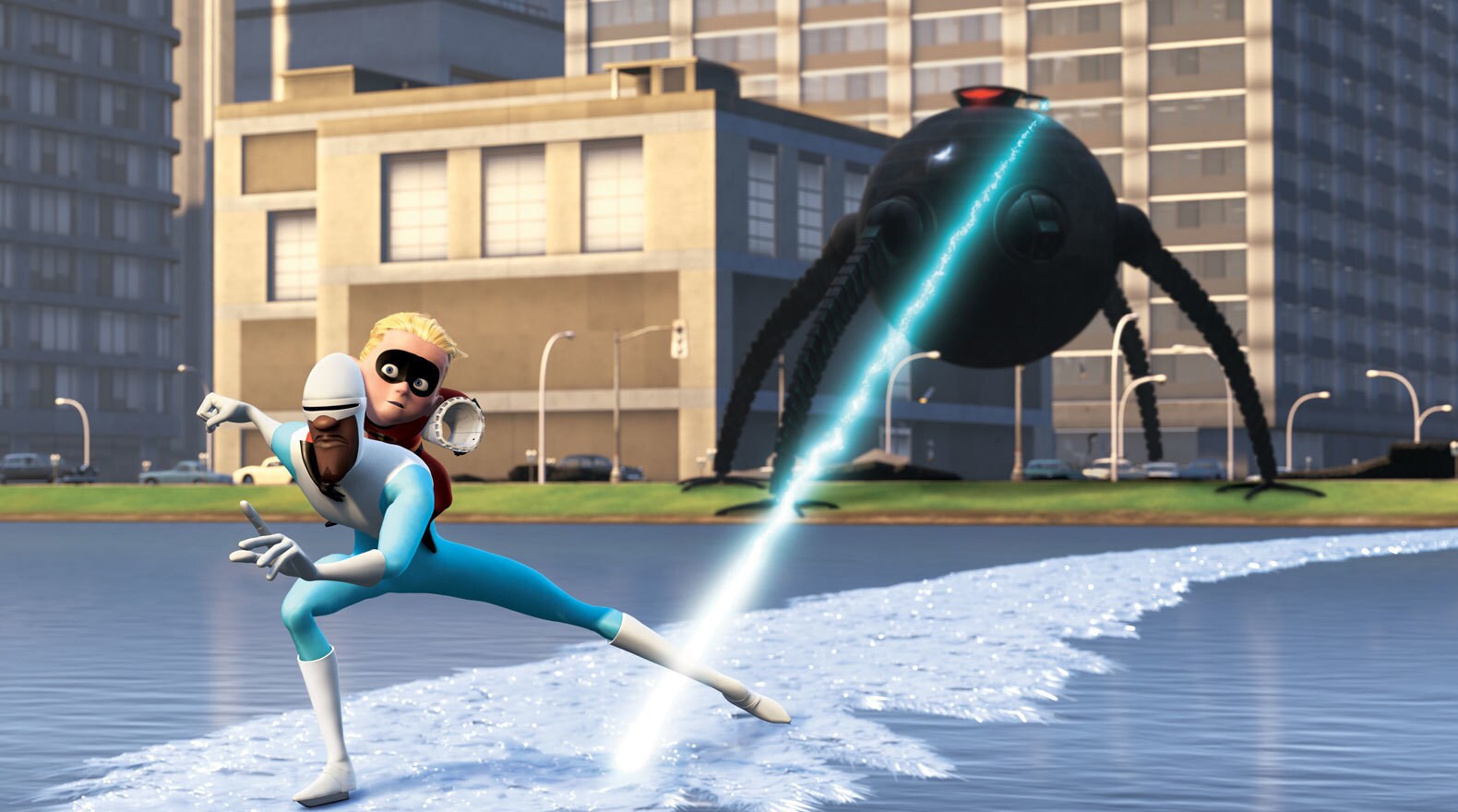 Frozone uses his icy powers to stall the Omnidroid in "The Incredibles"